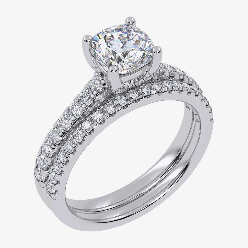 G / Vs2-Si1) Womens 1 CT. T.W. Lab Grown White Diamond 10K Gold Cushion Side Stone Bridal Set