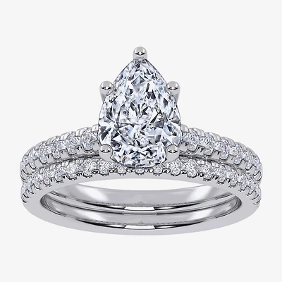 G / Vs2-Si1) Womens 2 1/2 CT. T.W. Lab Grown White Diamond 10K Gold Pear Side Stone Bridal Set