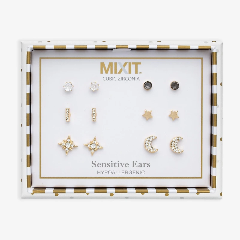 Mixit Stud Womens Cubic Zirconia Moon Star 6 Pair Earring Set