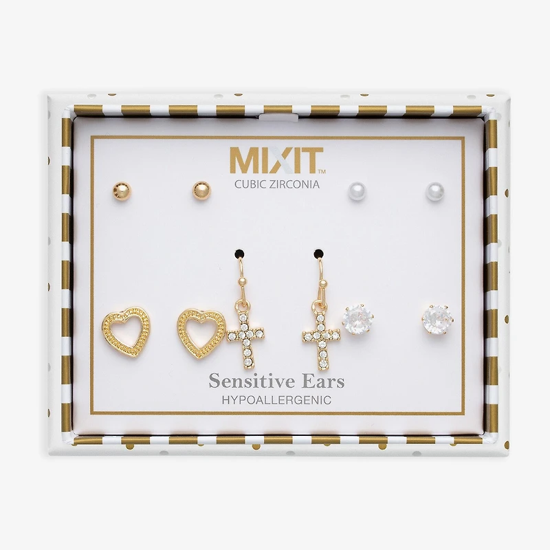 Mixit Stud Womens Cubic Zirconia Cross Heart 5 Pair Earring Set