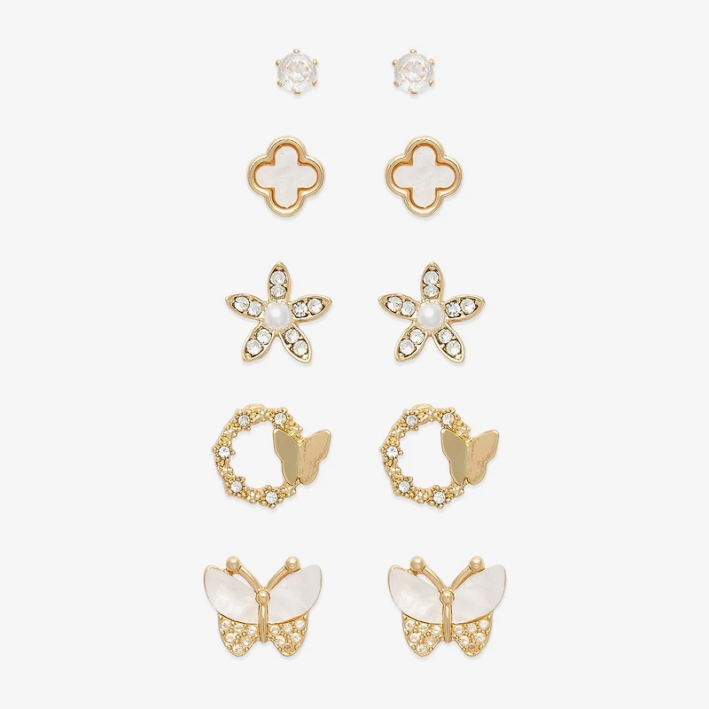 Mixit Stud Womens Cubic Zirconia Butterfly Flower 5 Pair Earring Set