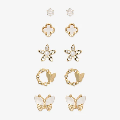 Mixit Stud Womens Cubic Zirconia Butterfly Flower 5 Pair Earring Set