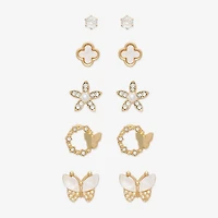 Mixit Stud Womens Cubic Zirconia Butterfly Flower 5 Pair Earring Set