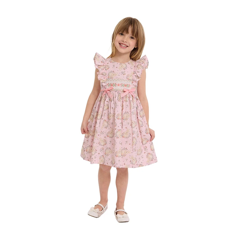 Bonnie Jean Little Girls Smocked Bunny Short Sleeve Flutter A-Line Dress