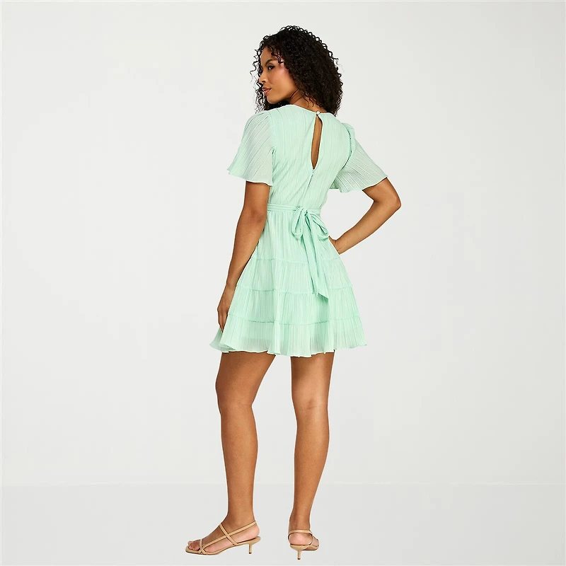 B. Smart Womens Juniors V Neck Short Sleeve Ruffled Fit + Flare Dress