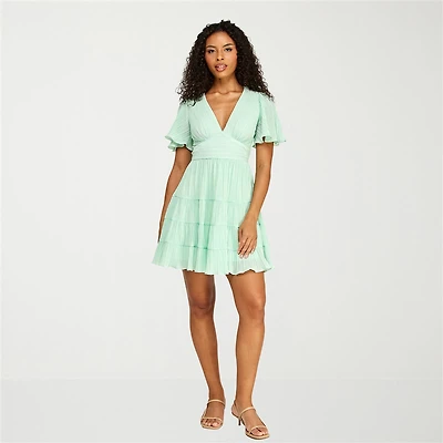 B. Smart Womens Juniors V Neck Short Sleeve Ruffled Fit + Flare Dress