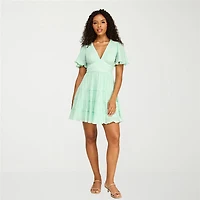 B. Smart Womens Juniors V Neck Short Sleeve Ruffled Fit + Flare Dress