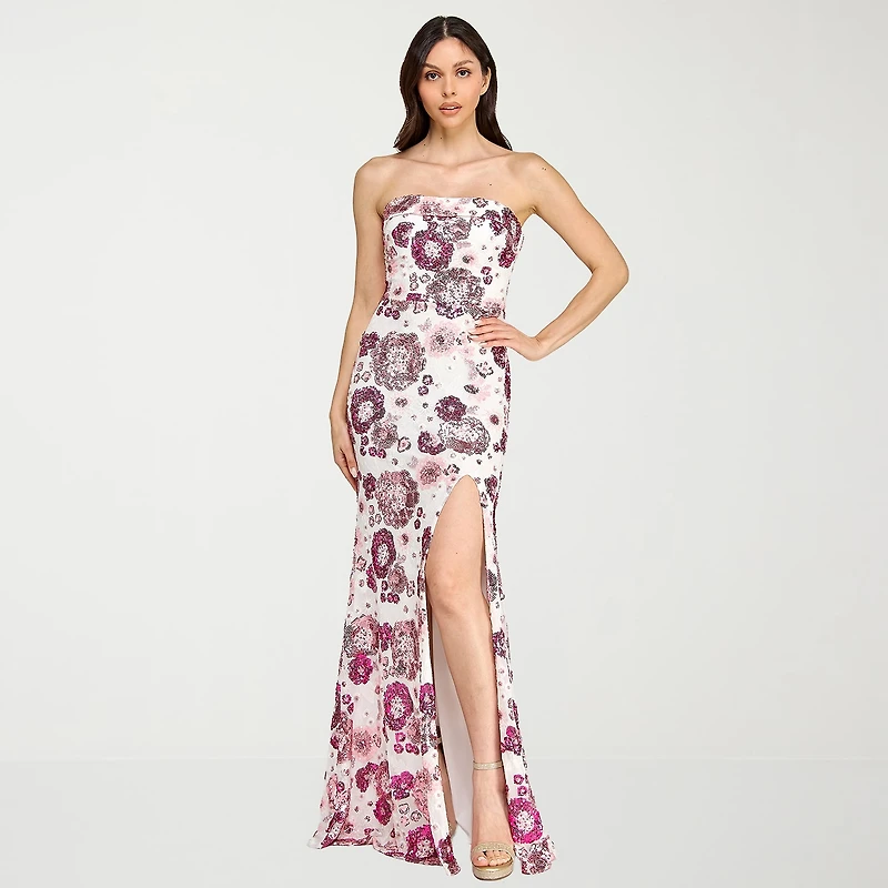City Triangle Womens Juniors Straight Neck Sleeveless Sequin Floral Bodycon Dress