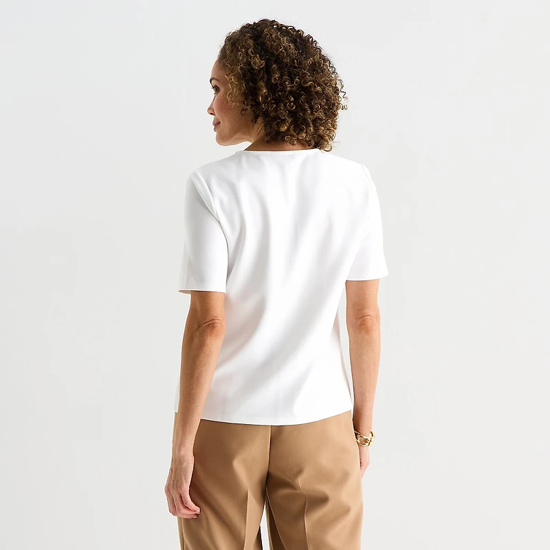 Liz Claiborne Womens Petite Keyhole Neck Elbow Sleeve Blouse