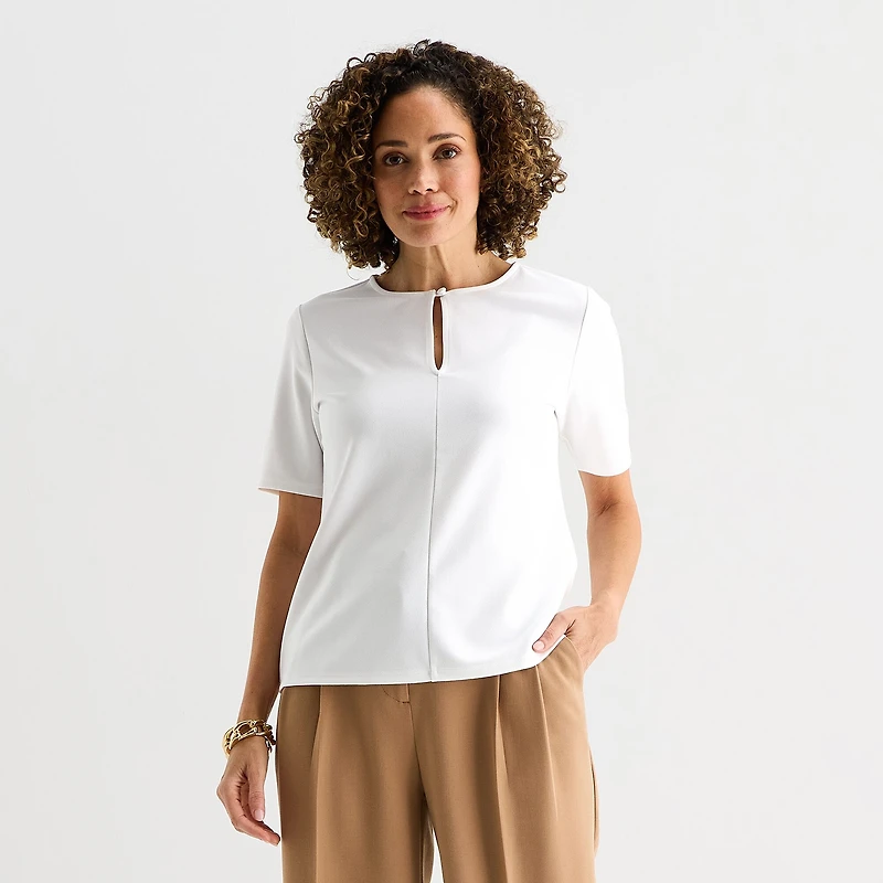 Liz Claiborne Womens Petite Keyhole Neck Elbow Sleeve Blouse