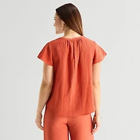 Liz Claiborne Womens Split Crew Neck Short Sleeve Blouse