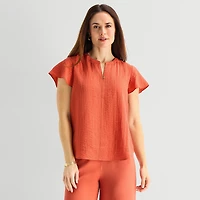 Liz Claiborne Womens Split Crew Neck Short Sleeve Blouse