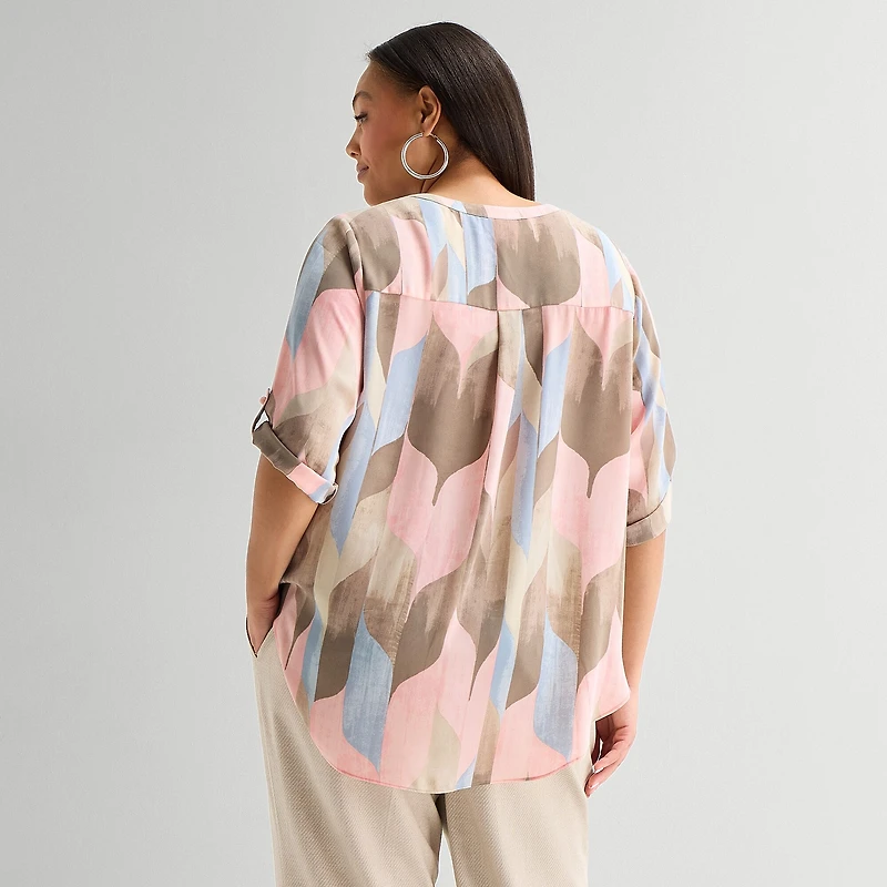 Worthington Womens Plus Split Crew Neck 3/4 Sleeve Blouse