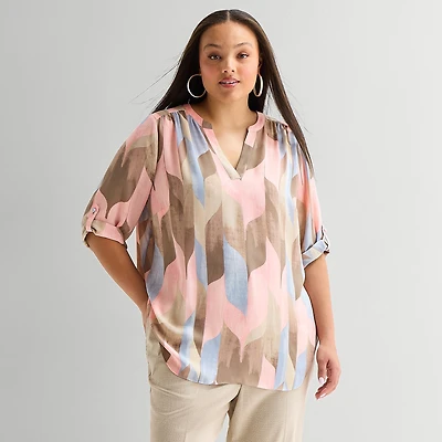 Worthington Womens Plus Split Crew Neck 3/4 Sleeve Blouse