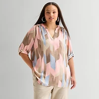 Worthington Womens Plus Split Crew Neck 3/4 Sleeve Blouse