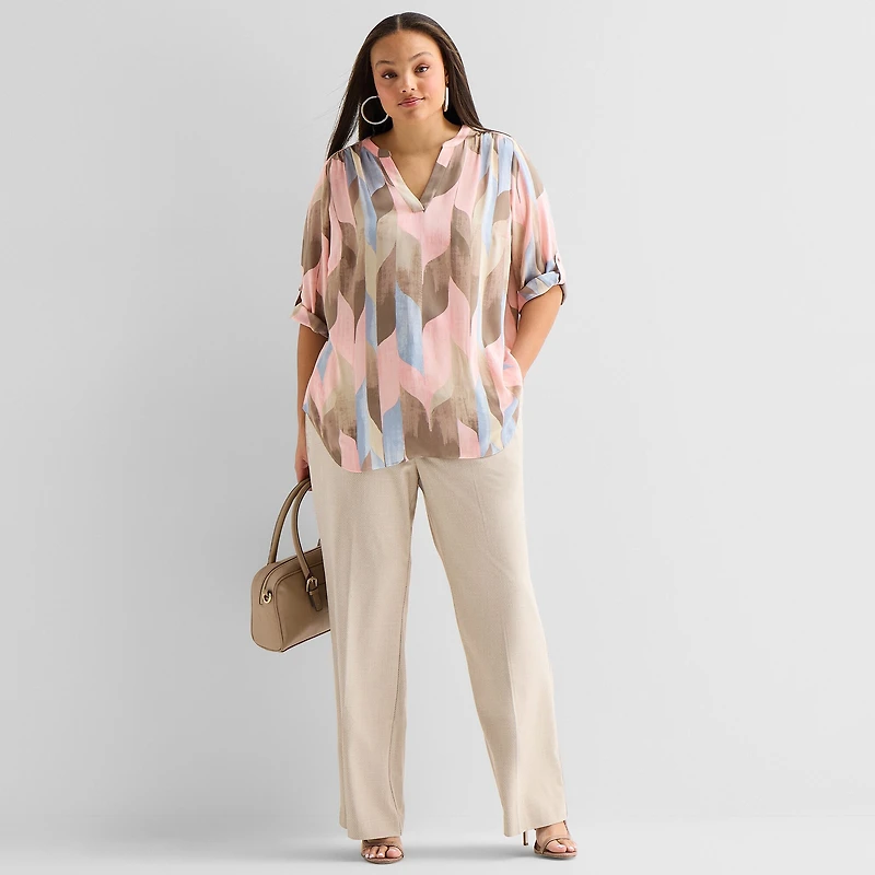 Worthington Womens Plus Split Crew Neck 3/4 Sleeve Blouse