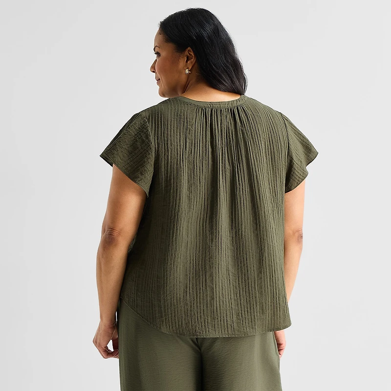 Liz Claiborne Womens Plus V Neck Short Sleeve Blouse