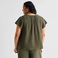 Liz Claiborne Womens Plus V Neck Short Sleeve Blouse