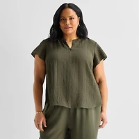 Liz Claiborne Womens Plus V Neck Short Sleeve Blouse