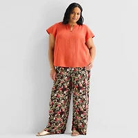 Liz Claiborne Womens Plus V Neck Short Sleeve Blouse