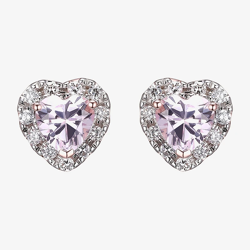 Lab Grown Pink Sapphire & 1/5 CT. T.W. Lab Grown White Diamond 18K Rose Gold Over Silver 8mm Heart Stud Earrings