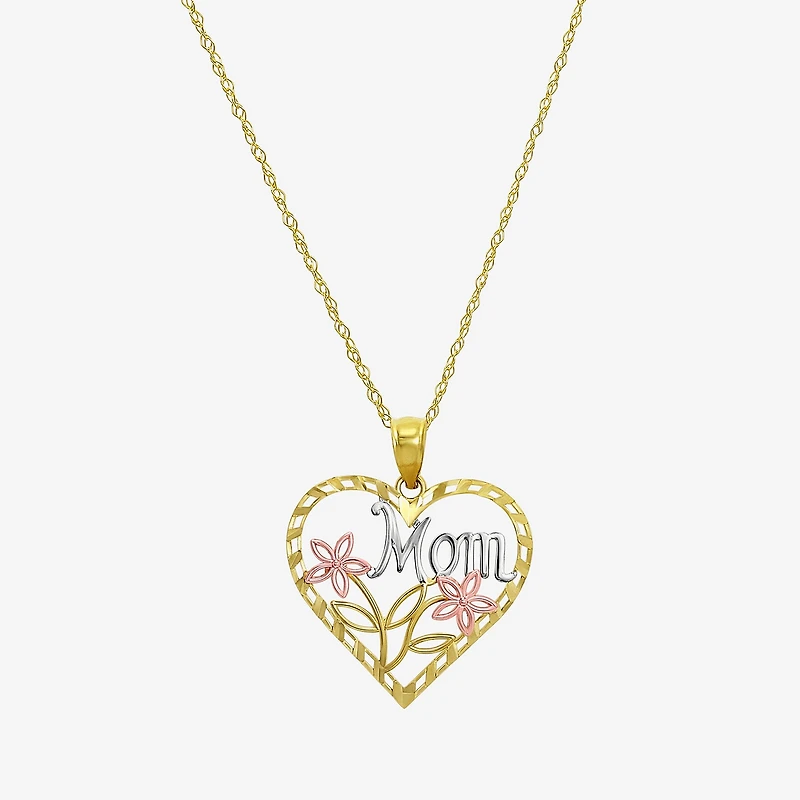 "Mom" Womens 10K Tri-Color Gold Heart 18 Inch Pendant Necklace