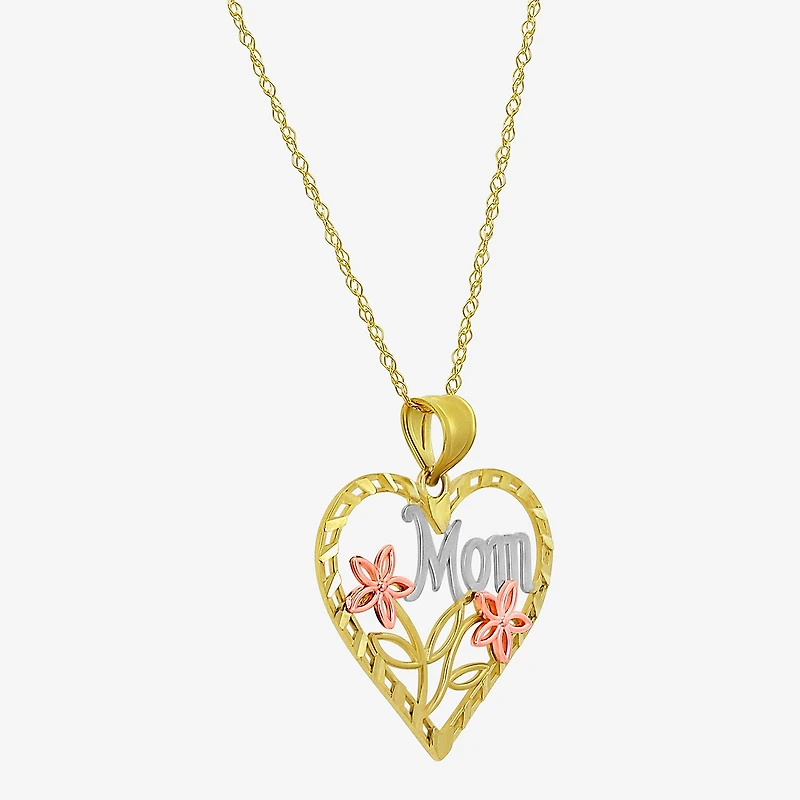 "Mom" Womens 10K Tri-Color Gold Heart 18 Inch Pendant Necklace