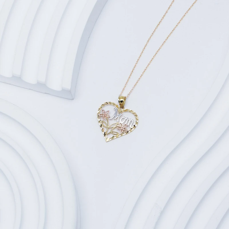 "Mom" Womens 10K Tri-Color Gold Heart 18 Inch Pendant Necklace
