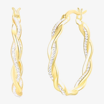 Womens Crystal 24K Gold Over Silver 28.3mm Round Hoop Earrings