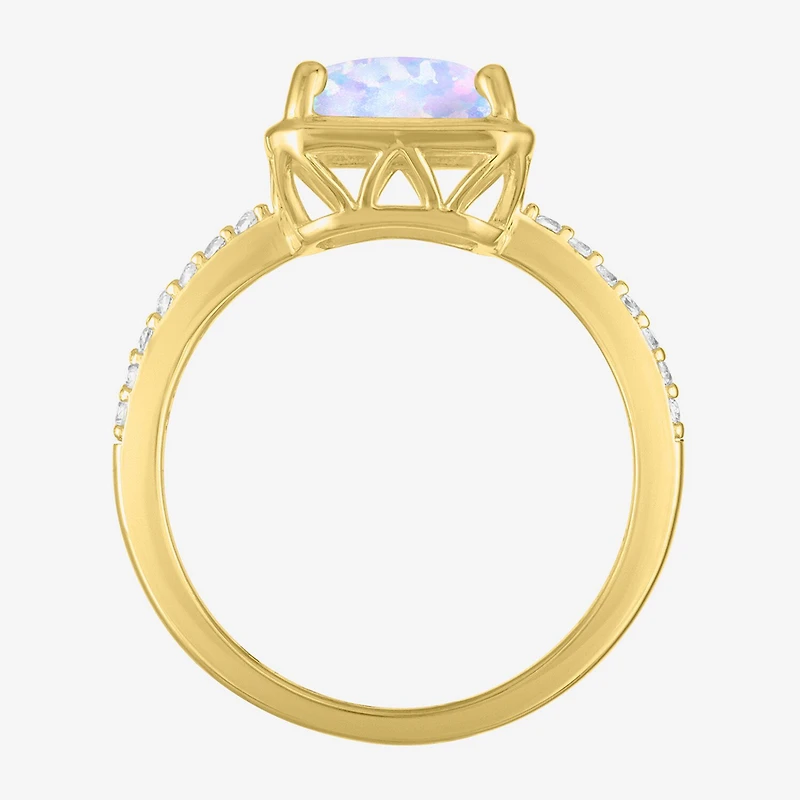Womens Lab Created White Opal 14K Gold Over Silver Side Stone Cocktail Ring