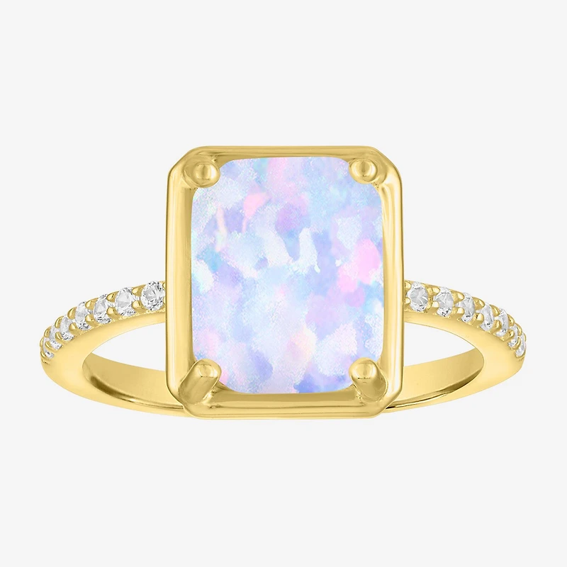 Womens Lab Created White Opal 14K Gold Over Silver Side Stone Cocktail Ring