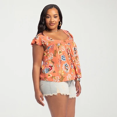 JS Jessica Simpson Womens Plus Sweetheart Neck Short Sleeve Blouse