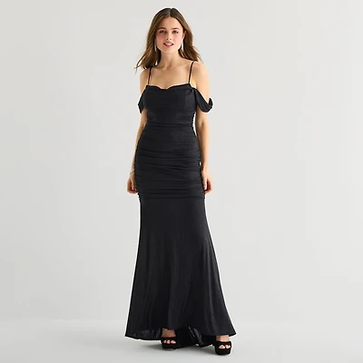 Emerald Sundae Womens Juniors Draped Neck Sleeveless Cold Shoulder Glitter Bodycon Dress