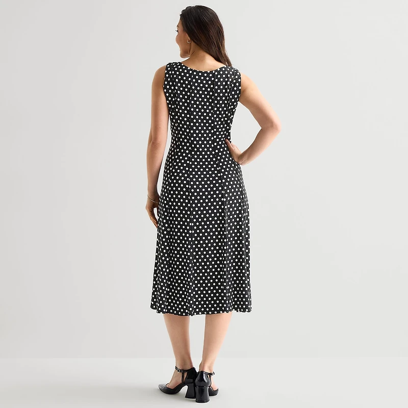 Perceptions Womens Midi Round Neck Sleeveless Polka Dot Fit + Flare Dress