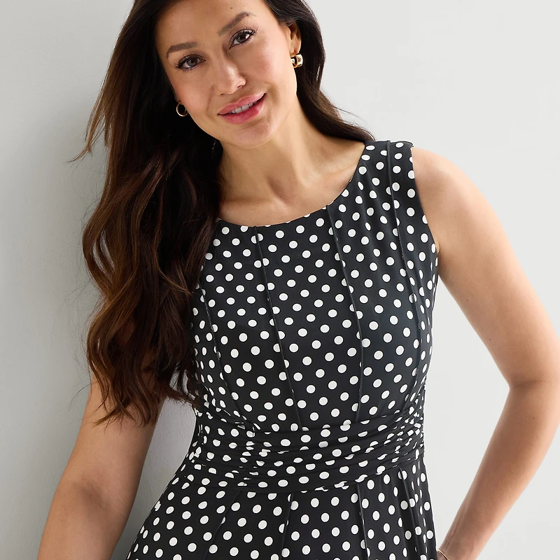 Perceptions Womens Midi Round Neck Sleeveless Polka Dot Fit + Flare Dress