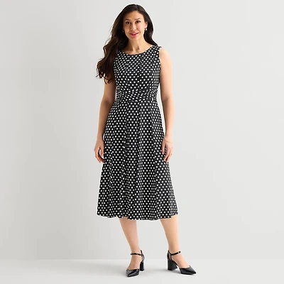 Perceptions Womens Midi Round Neck Sleeveless Polka Dot Fit + Flare Dress