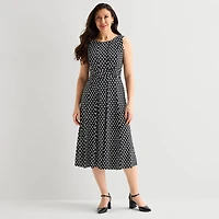 Perceptions Womens Midi Round Neck Sleeveless Polka Dot Fit + Flare Dress