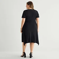 Perceptions Womens Plus V Neck Short Sleeve Fit + Flare Dress
