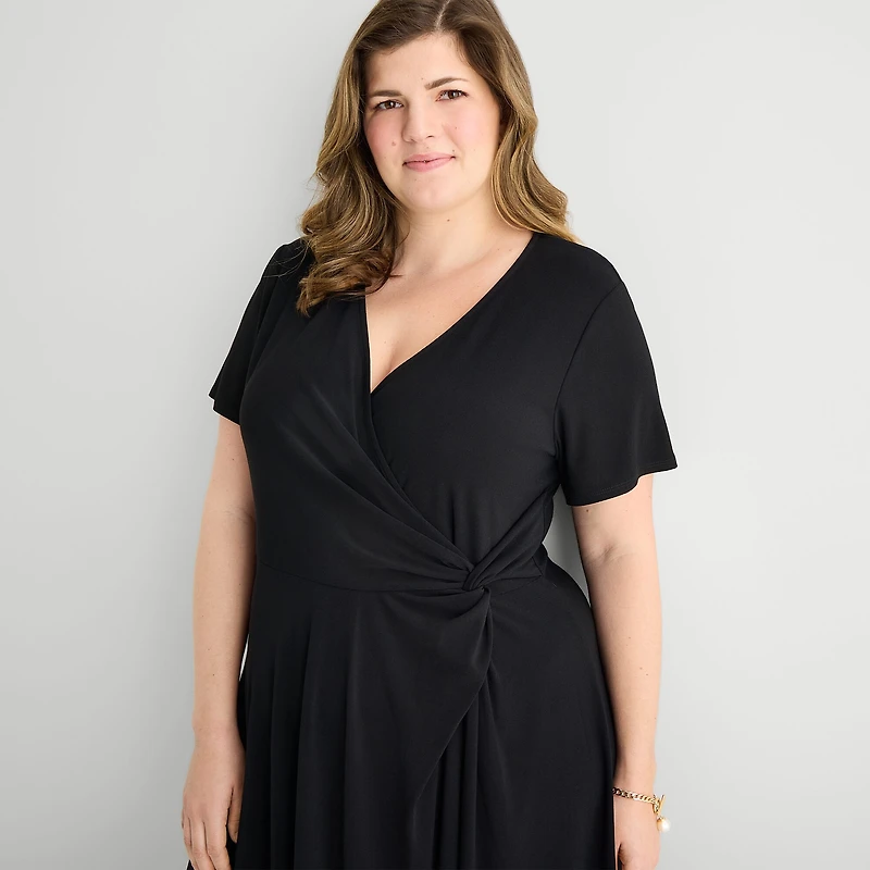 Perceptions Womens Plus V Neck Short Sleeve Fit + Flare Dress