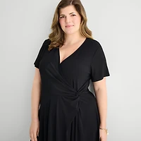 Perceptions Womens Plus V Neck Short Sleeve Fit + Flare Dress