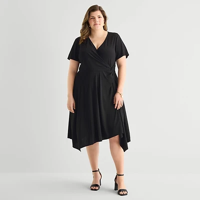 Perceptions Womens Plus V Neck Short Sleeve Fit + Flare Dress