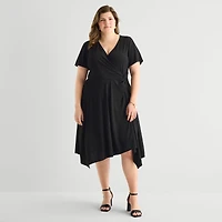 Perceptions Womens Plus V Neck Short Sleeve Fit + Flare Dress