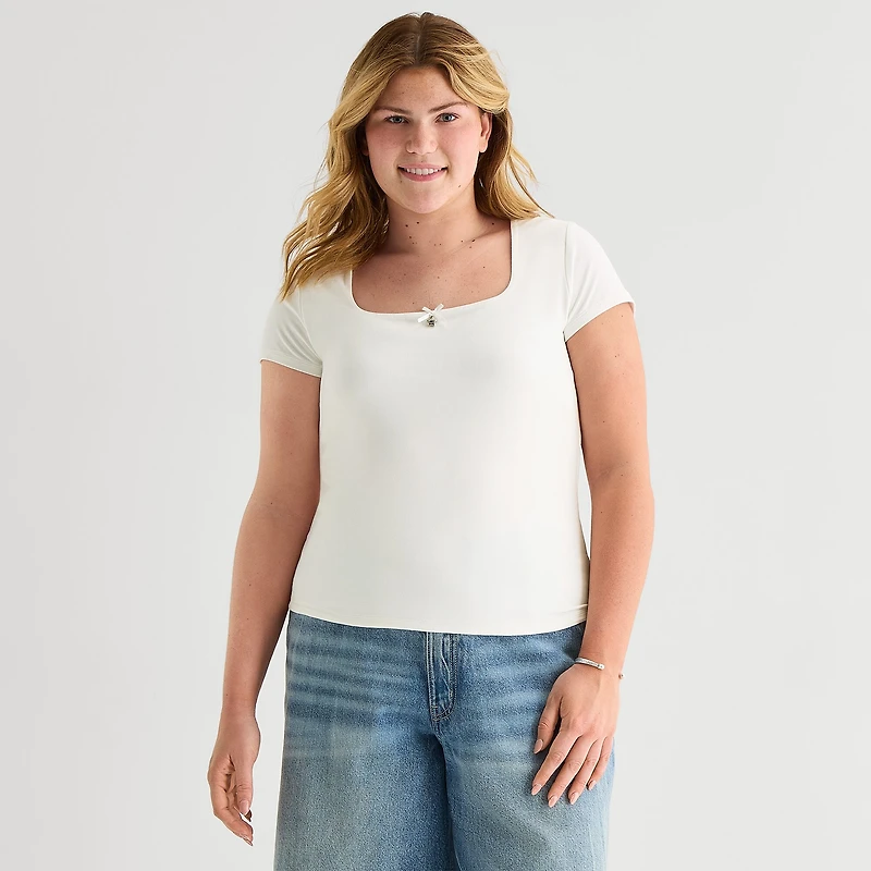 Forever 21 Womens Juniors Plus Square Neck Short Sleeve Regular Fit Graphic T-Shirt