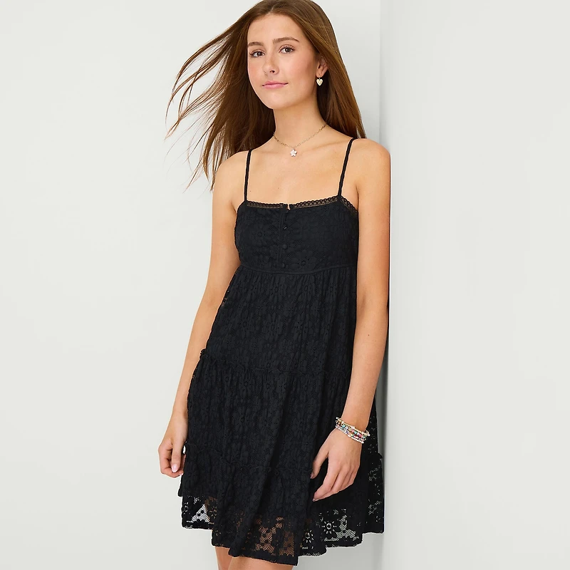Arizona Womens Juniors Round Neck Sleeveless Babydoll Dress