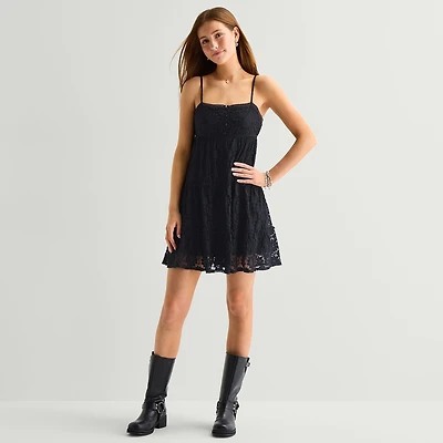 Arizona Womens Juniors Round Neck Sleeveless Babydoll Dress