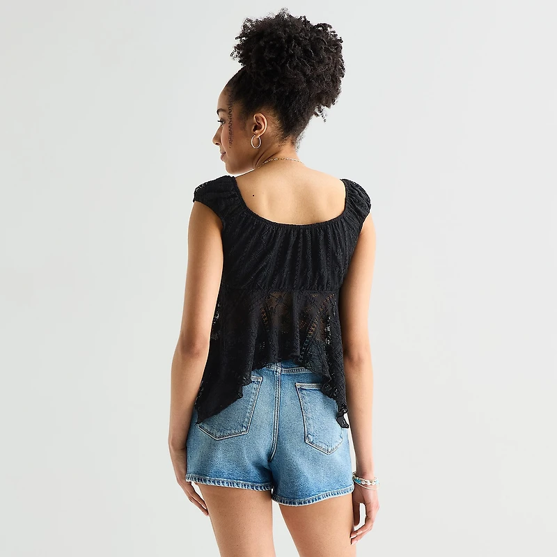 Arizona Womens Juniors Crew Neck Short Sleeve Peasant Top