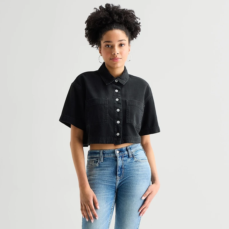 Arizona Womens Juniors Short Sleeve Regular Fit Button-Down Shirt
