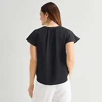 Liz Claiborne Womens Split Crew Neck Short Sleeve Blouse