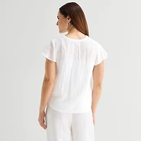 Liz Claiborne Womens Split Crew Neck Short Sleeve Blouse