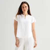 Liz Claiborne Womens Split Crew Neck Short Sleeve Blouse